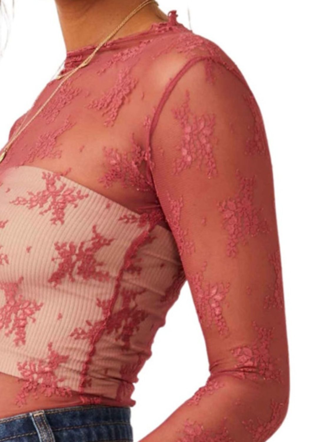 Lace Mock Neck Long Sleeve Blouse - The Goddess Galleries