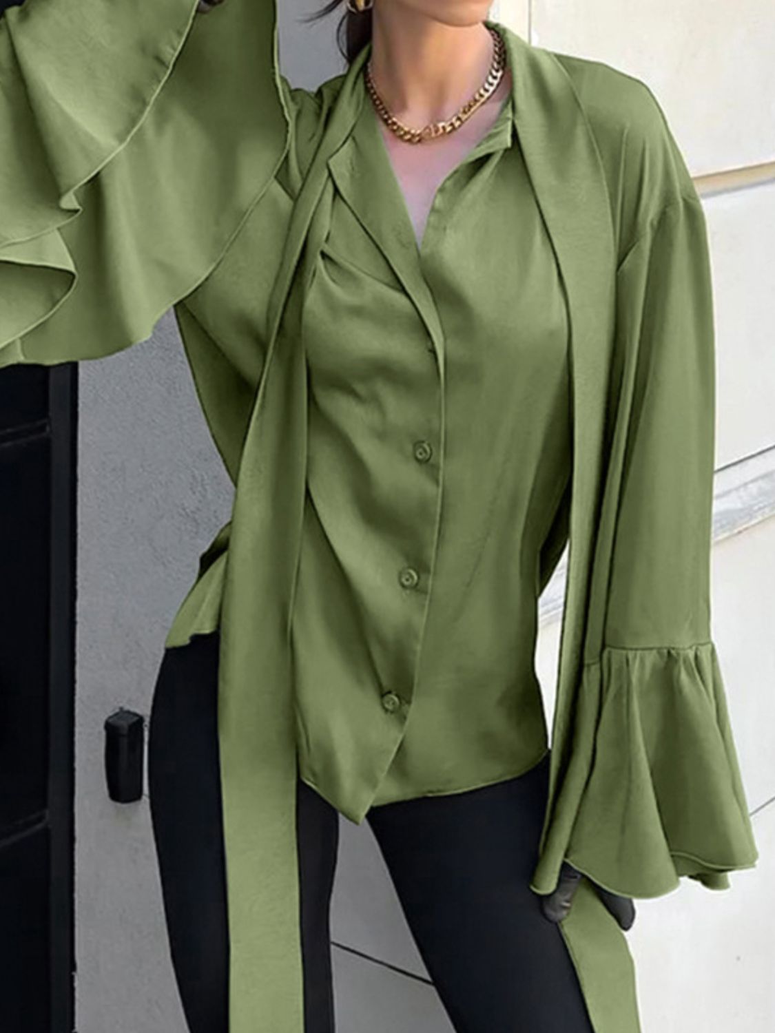 Button Down Flounce Sleeve Shirt - The Goddess Galleries