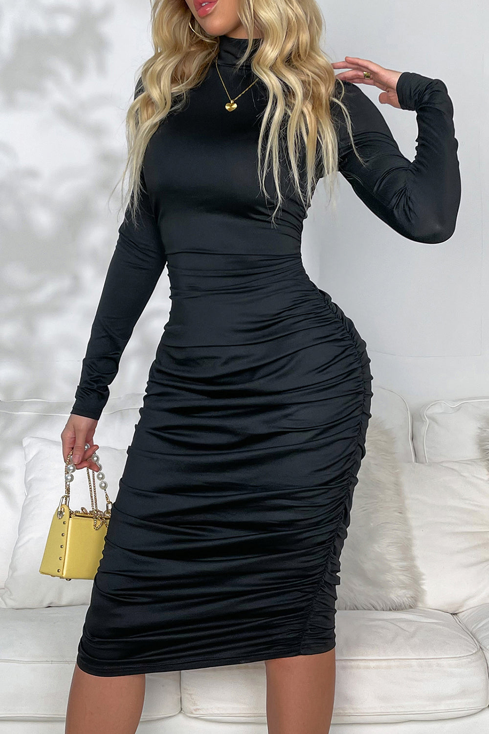 Ruched Mock Neck Long Sleeve Dress - The Goddess Galleries