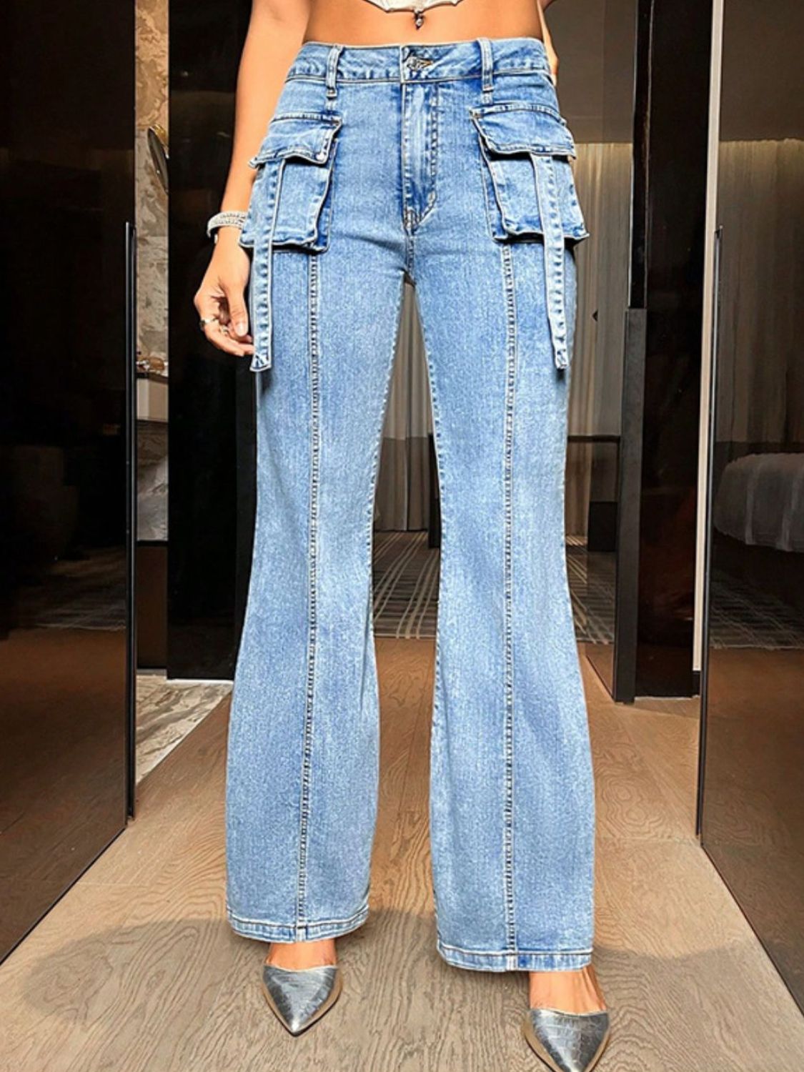 Mid Rise Straight Jeans with Cargo Pockets - The Goddess Galleries