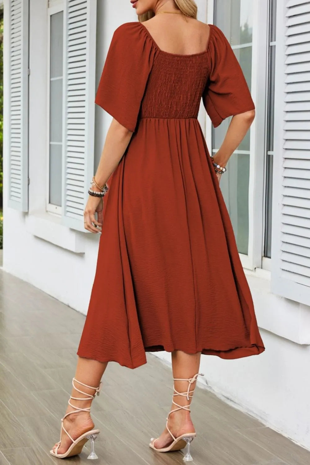 Smocked Tie Front Flutter Sleeve Midi Dress - The Goddess Galleries
