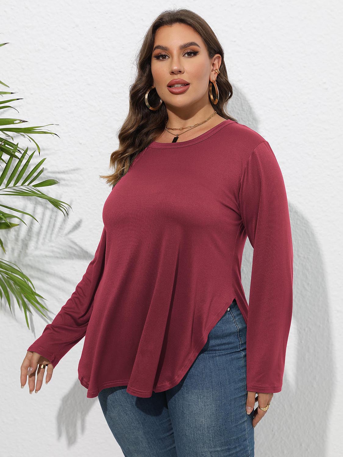 Plus Size Round Neck Long Sleeve Slit T-Shirt - The Goddess Galleries