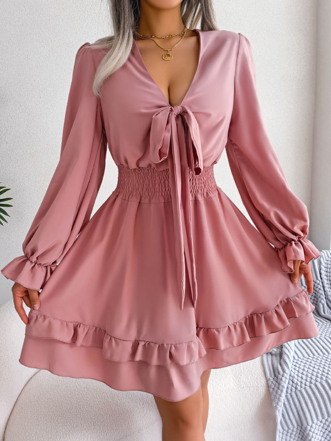 Tie Front Smocked Waist Flounce Sleeve Dress - The Goddess Galleries