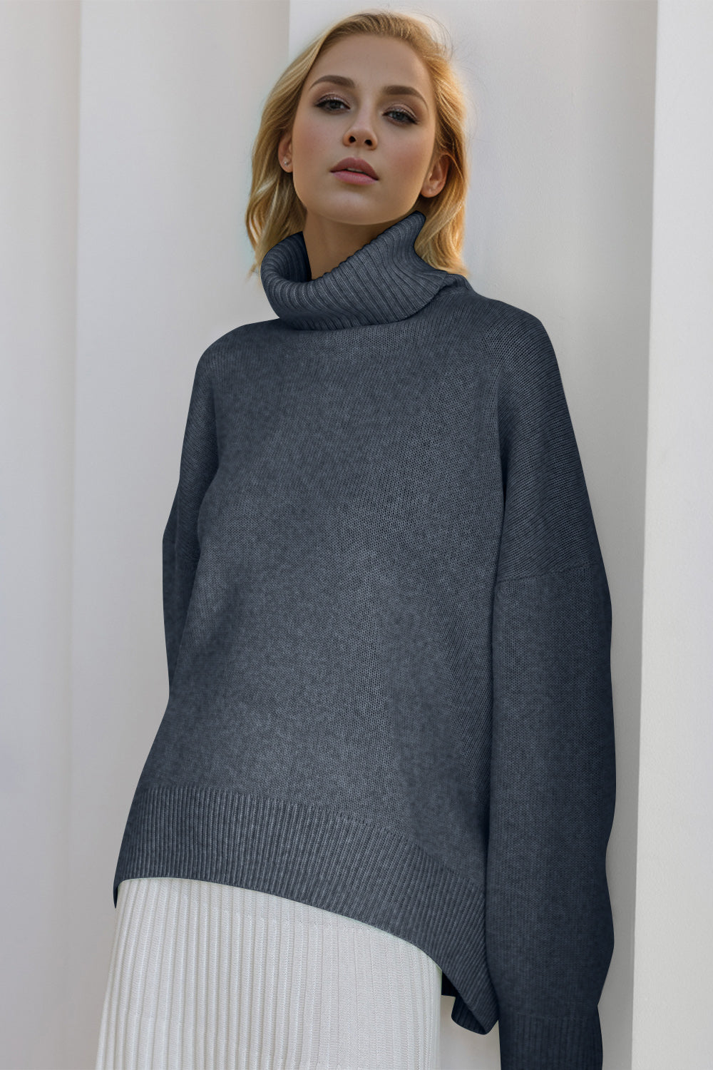 Basic Bae Turtleneck Dropped Shoulder Long Sleeve Sweater - The Goddess Galleries