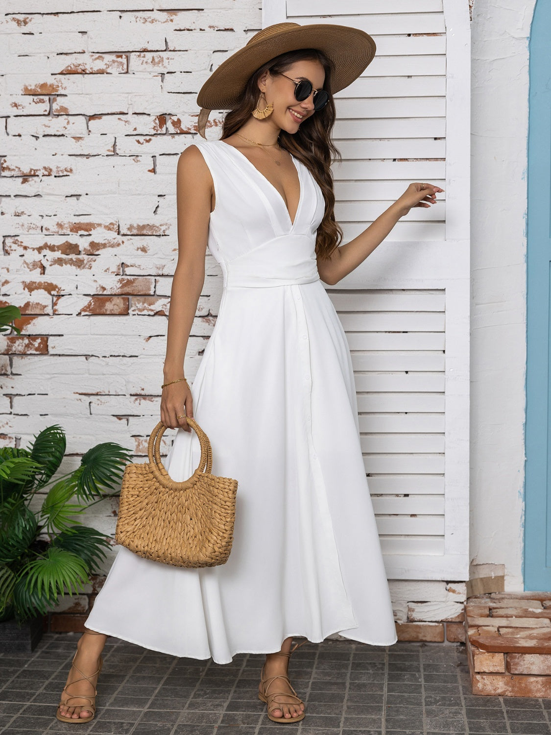 Full Size Slit V-Neck Sleeveless Midi Dress - The Goddess Galleries