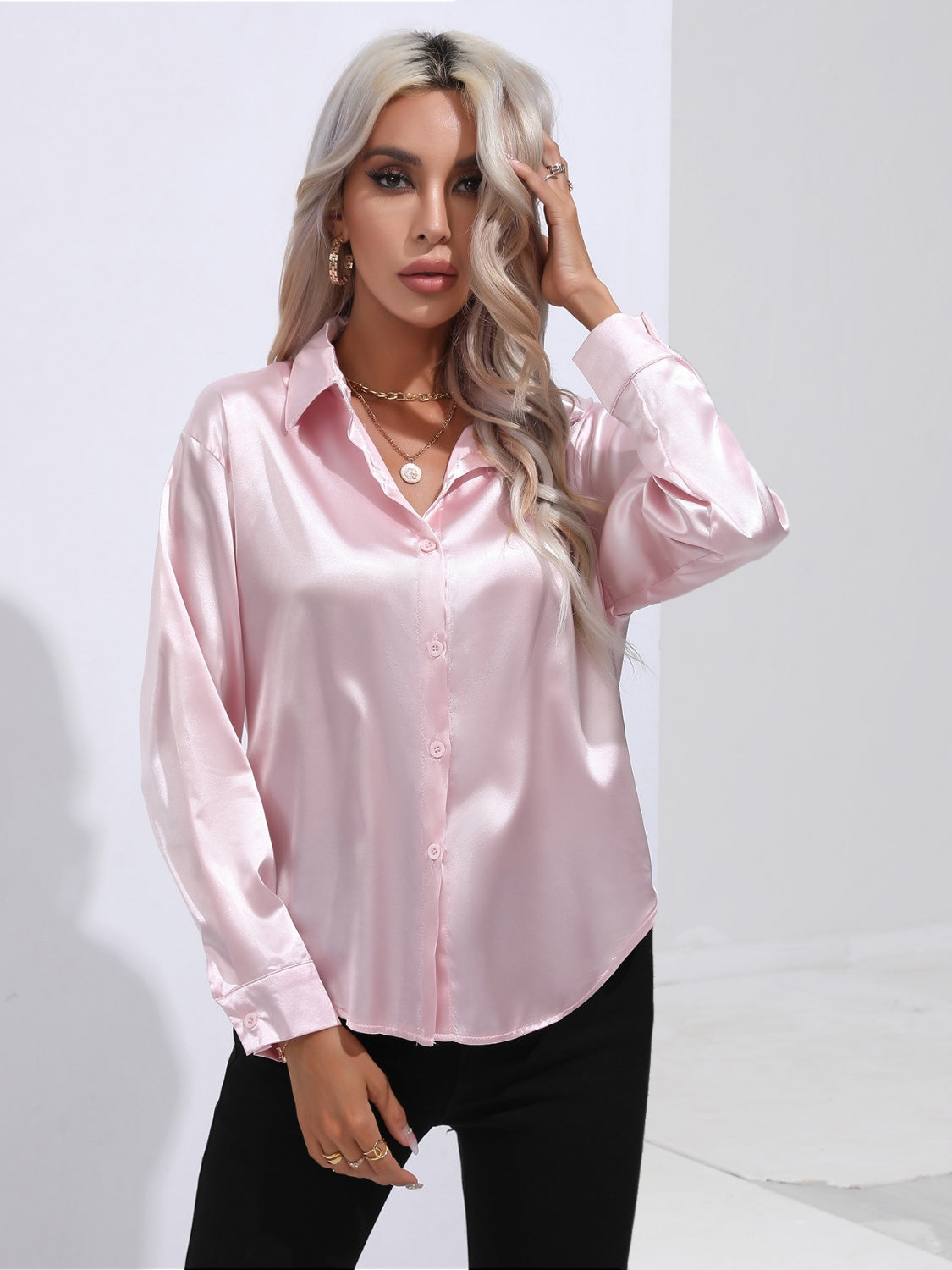 Collared Neck Buttoned Long Sleeve Shirt - The Goddess Galleries