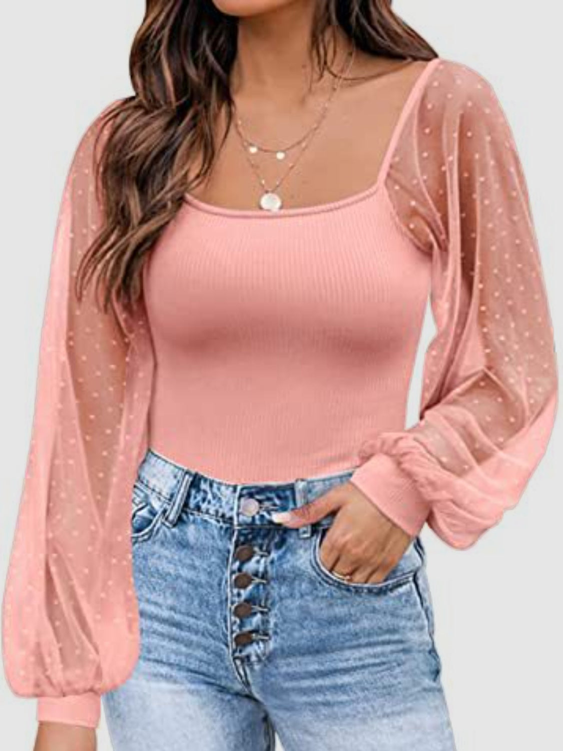 Polka Dot Square Neck Lantern Sleeve Blouse - The Goddess Galleries