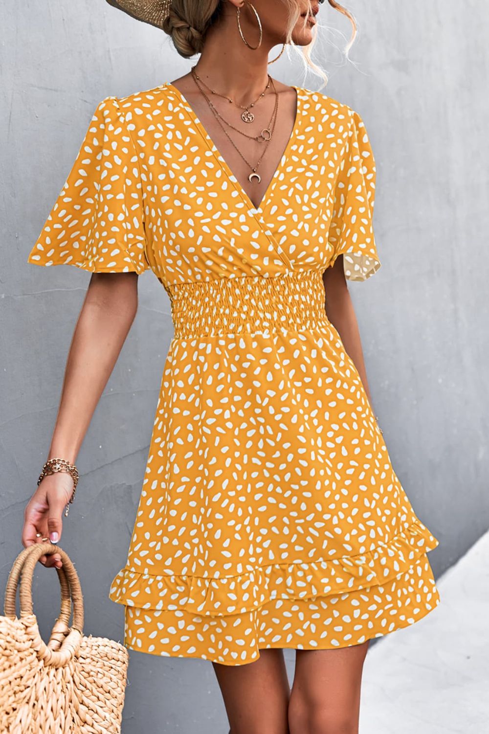 Printed Smocked Waist Layered Surplice Dress - The Goddess Galleries