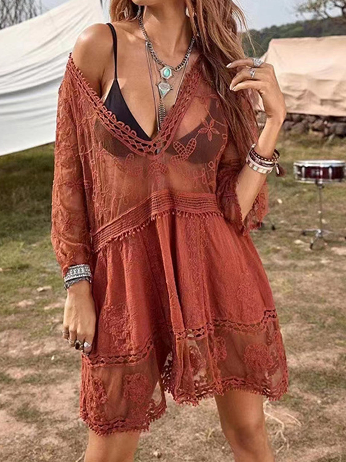 Lace Detail Plunge Cover-Up Dress - The Goddess Galleries