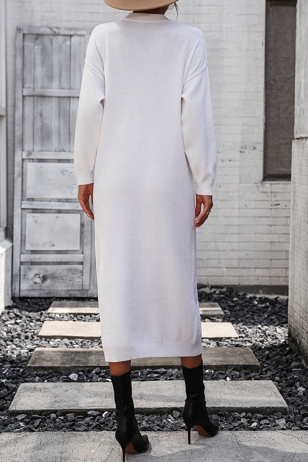 Decorative Button Notched Dropped Shoulder Sweater Dress - The Goddess Galleries