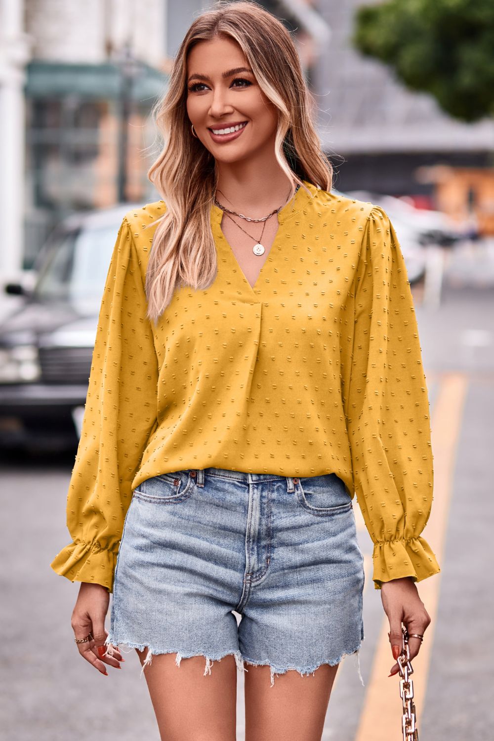 Swiss Dot Notched Neck Flounce Sleeve Blouse - The Goddess Galleries