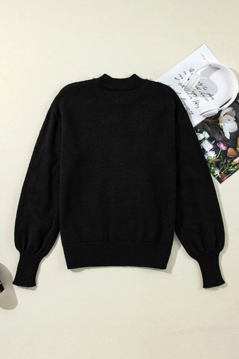 Pearl Detail Mock Neck Long Sleeve Sweater - The Goddess Galleries
