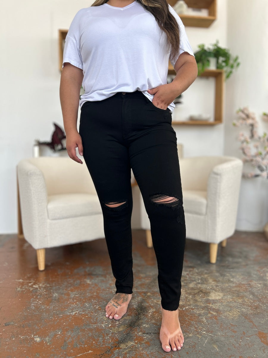 Judy Blue Full Size Distressed Tummy Control High Waist Skinny Jeans - The Goddess Galleries