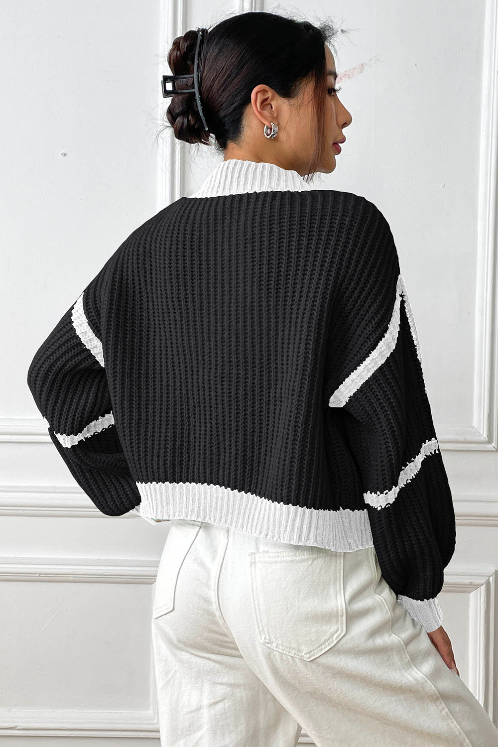 Contrast Open Front Long Sleeve Cardigan - The Goddess Galleries