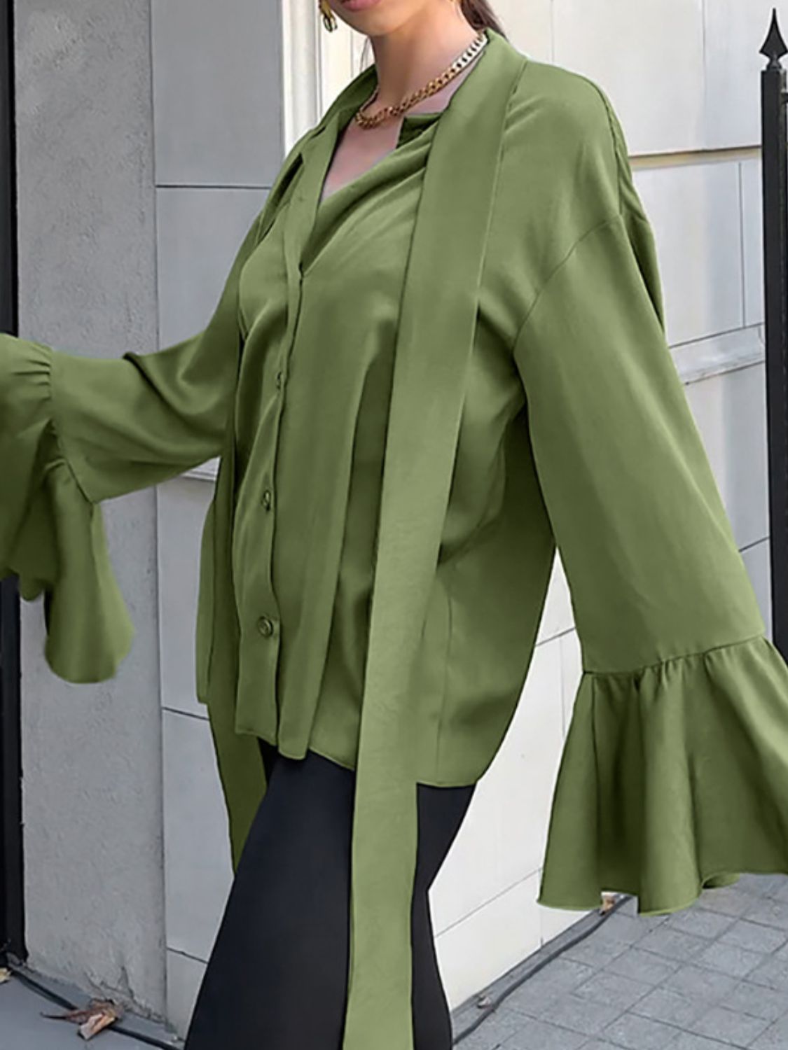 Button Down Flounce Sleeve Shirt - The Goddess Galleries