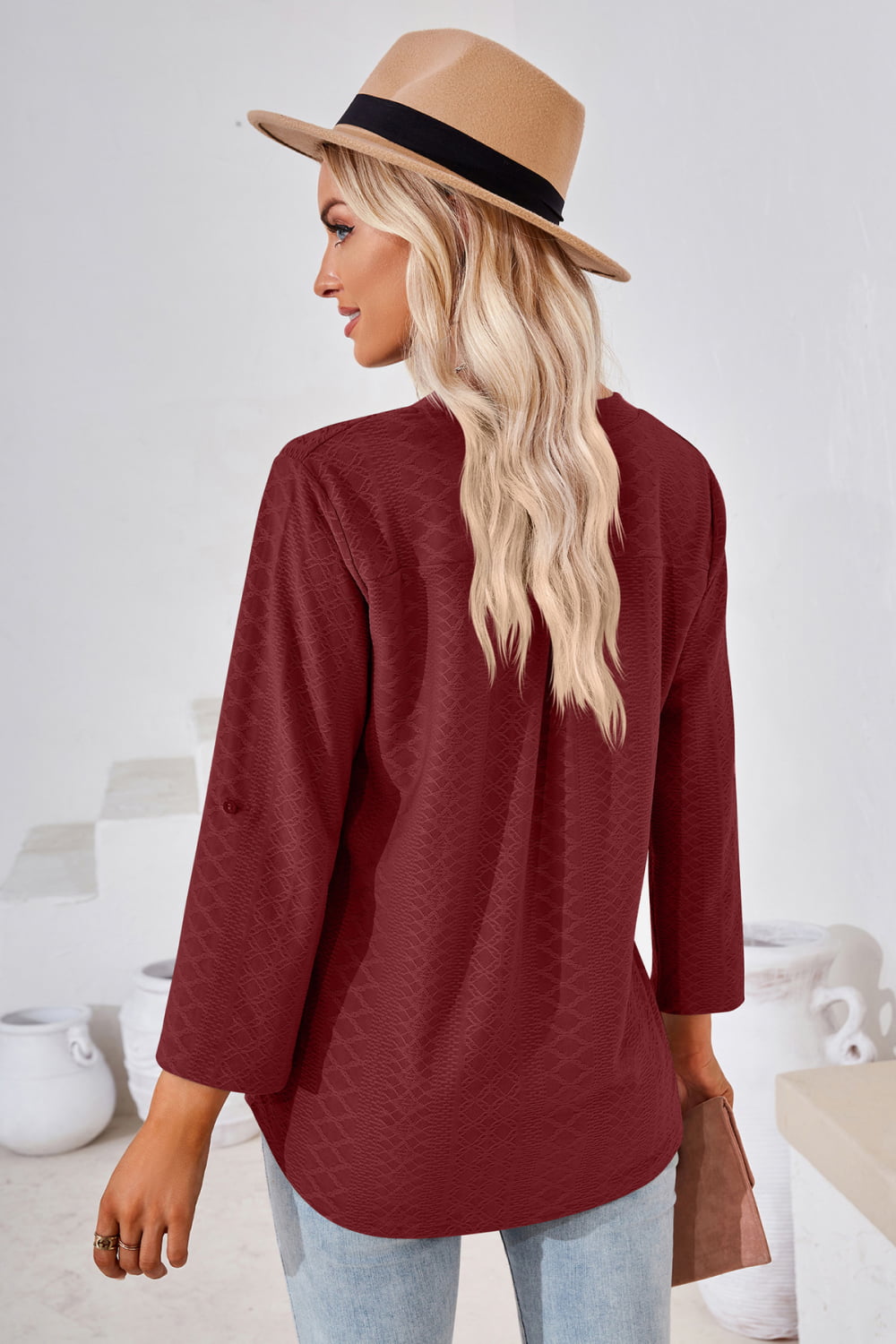 V-Neck Roll-Tap Sleeve Blouse - The Goddess Galleries
