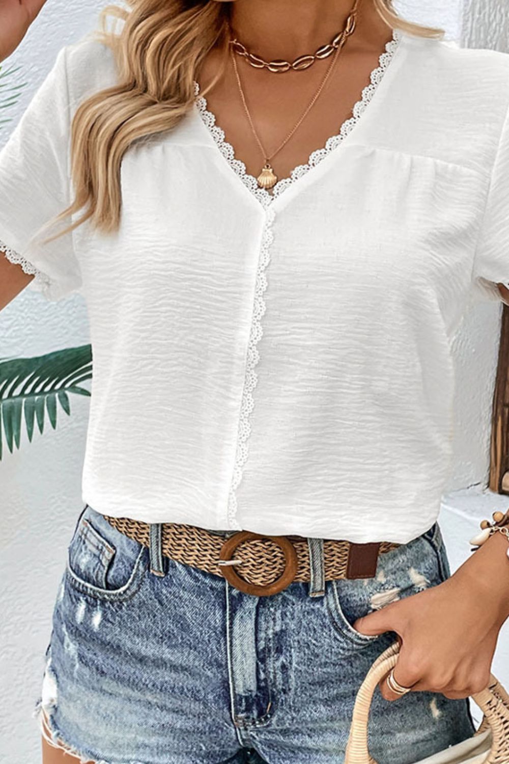Perfee Textured Lace Trim Tee Shirt - The Goddess Galleries