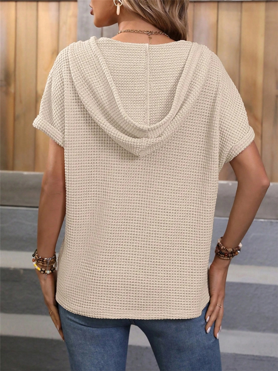 Waffle-Knit Hooded Short Sleeve Top - The Goddess Galleries