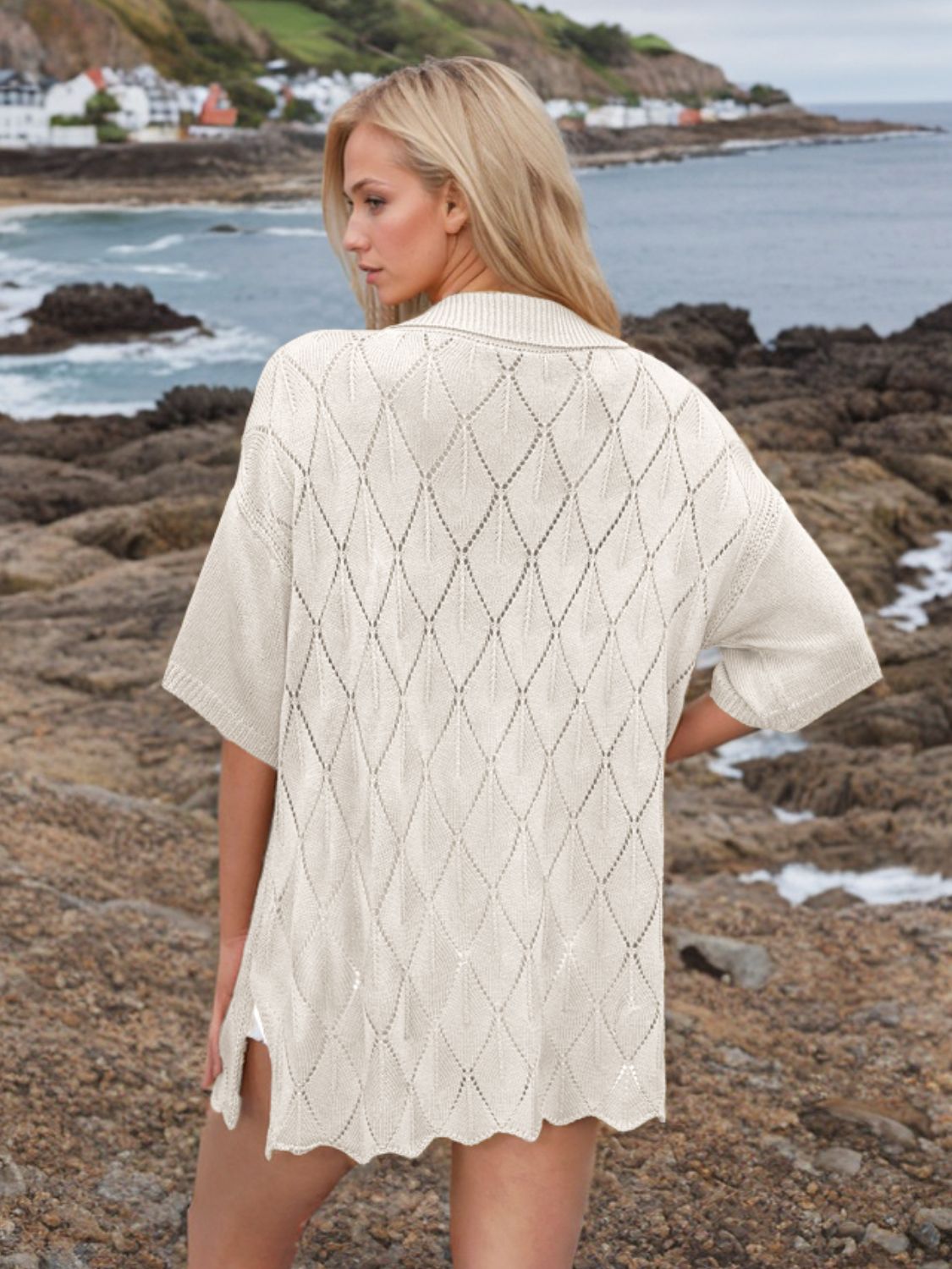 Button Down Eyelet Collared Neck Knit Shirt - The Goddess Galleries