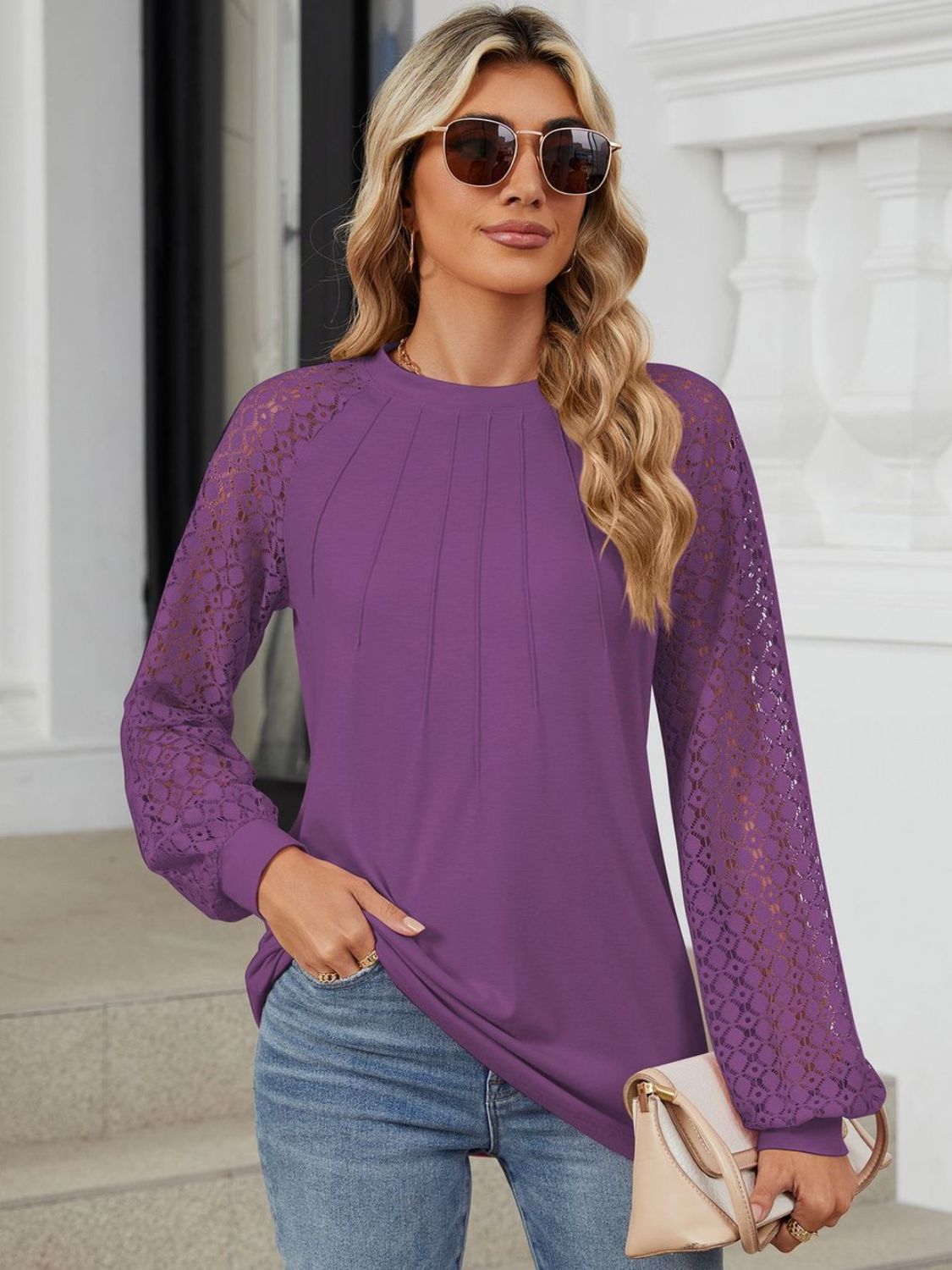 Round Neck Lace Long Sleeve Top - The Goddess Galleries