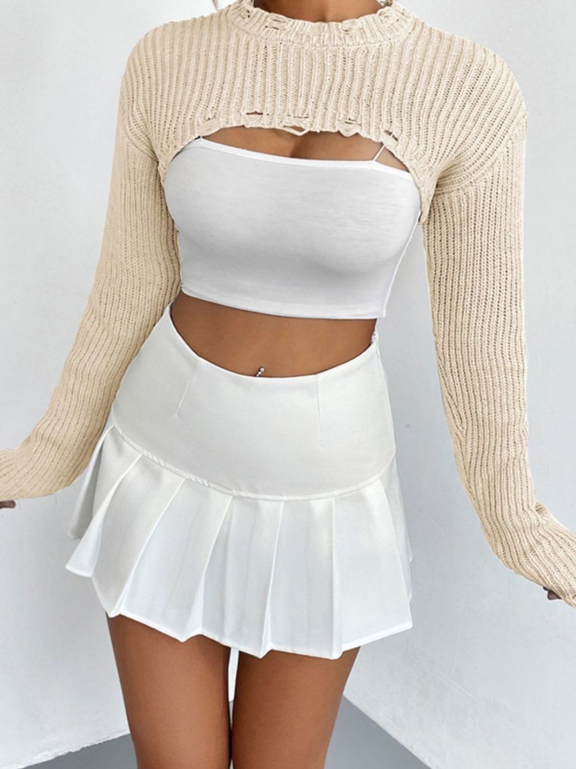 Distressed Long Sleeve Cropped Sweater - The Goddess Galleries