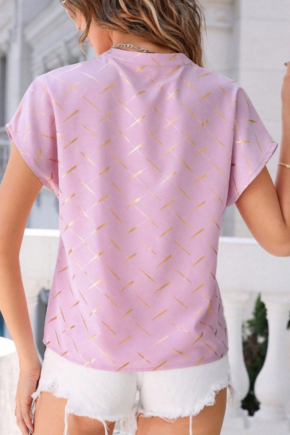 Printed Notched Short Sleeve Blouse - The Goddess Galleries