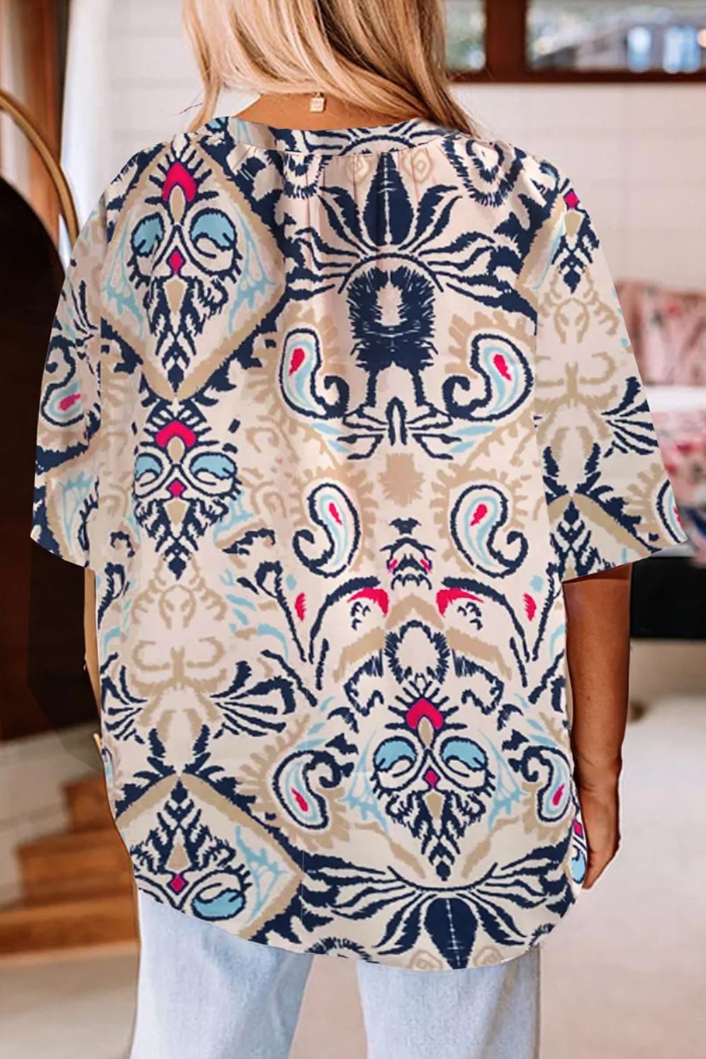 Printed Notched Half Sleeve Blouse - The Goddess Galleries