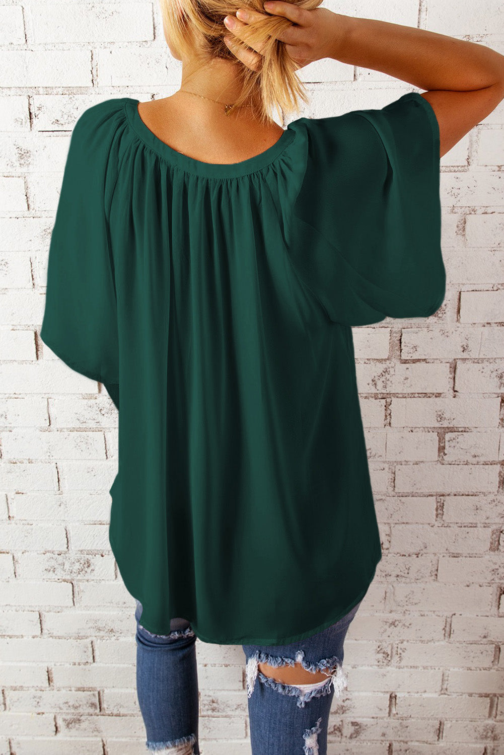 Gathered Detail Notched Neck Flutter Sleeve Top - The Goddess Galleries