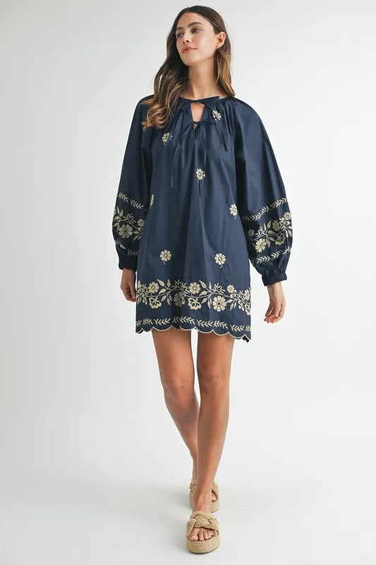 MABLE Embroidered Long Sleeve Peasant Mini Dress - The Goddess Galleries