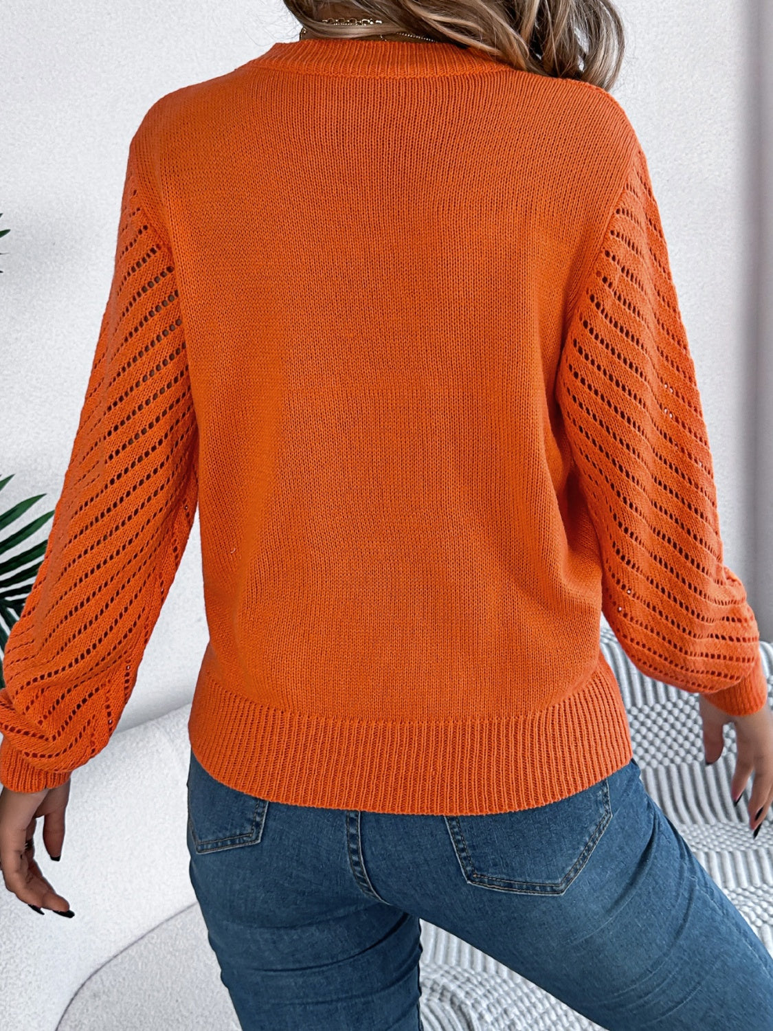 Openwork Round Neck Long Sleeve Knit Top - The Goddess Galleries