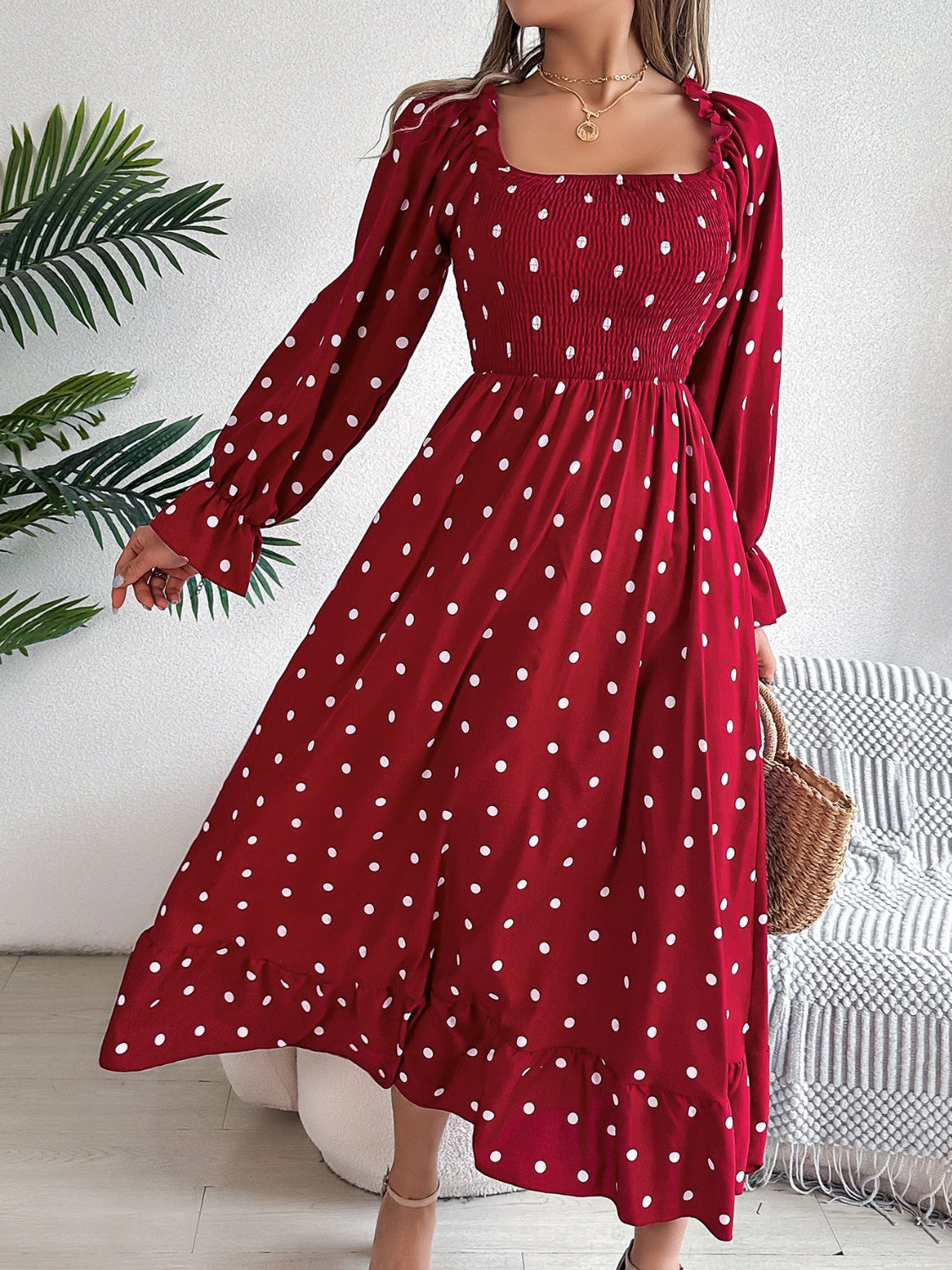 Polka Dot Flounce Sleeve Midi Dress - The Goddess Galleries