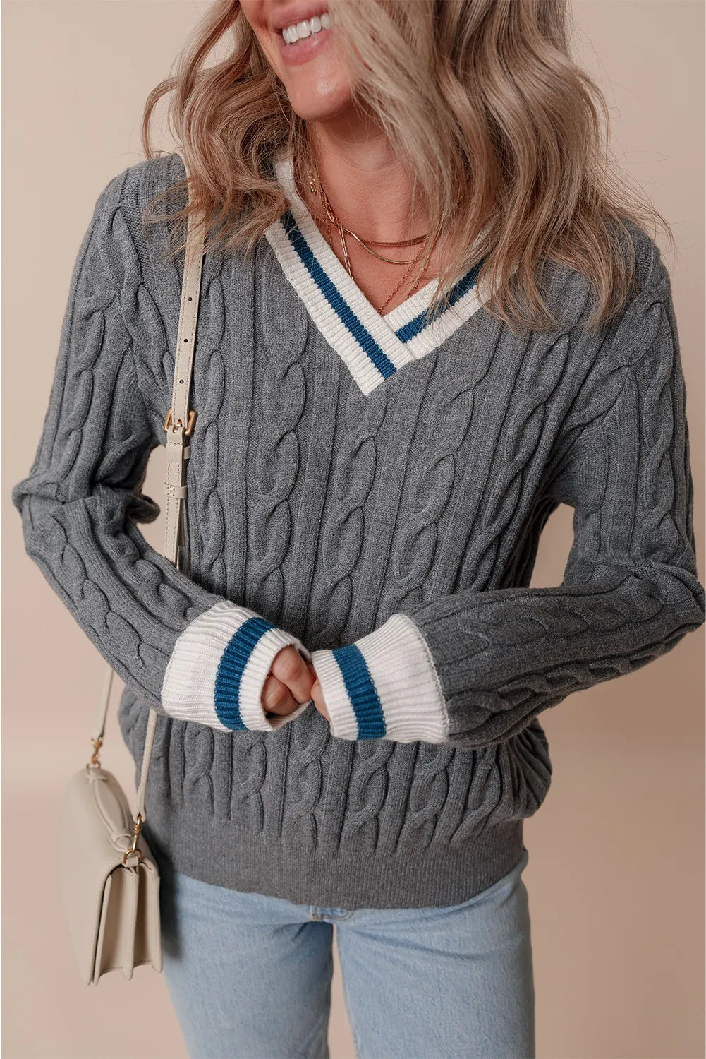 Cable-Knit V-Neck Long Sleeve Sweater - The Goddess Galleries
