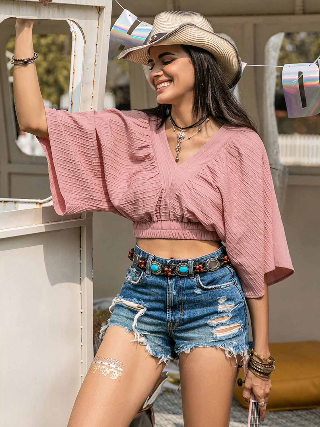 Textured V-Neck Crop Top - The Goddess Galleries