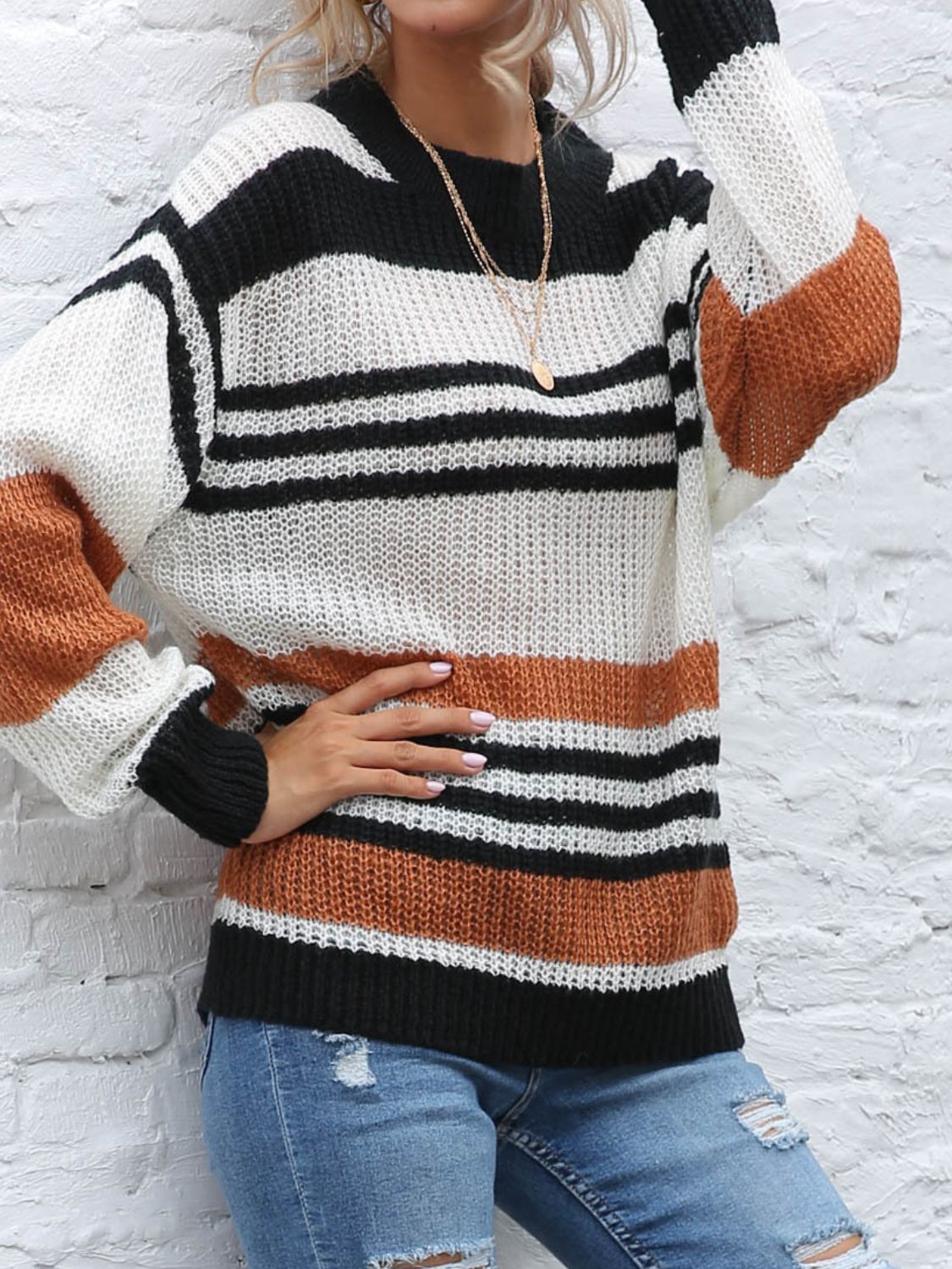 Contrast Striped Round Neck Long Sleeve Sweater - The Goddess Galleries