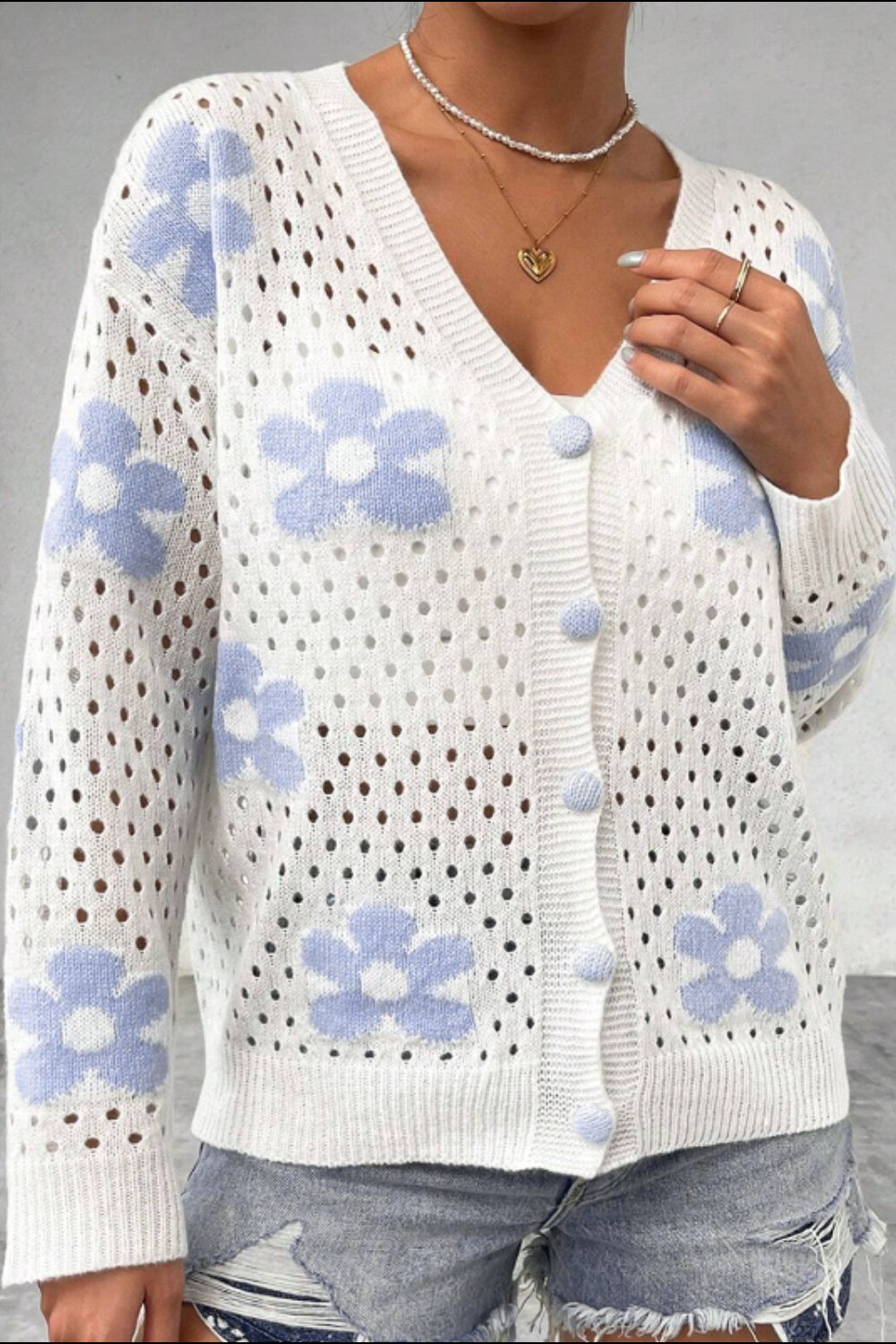 Flower Hollowed Out Button Down Long Sleeve Cardigan - The Goddess Galleries