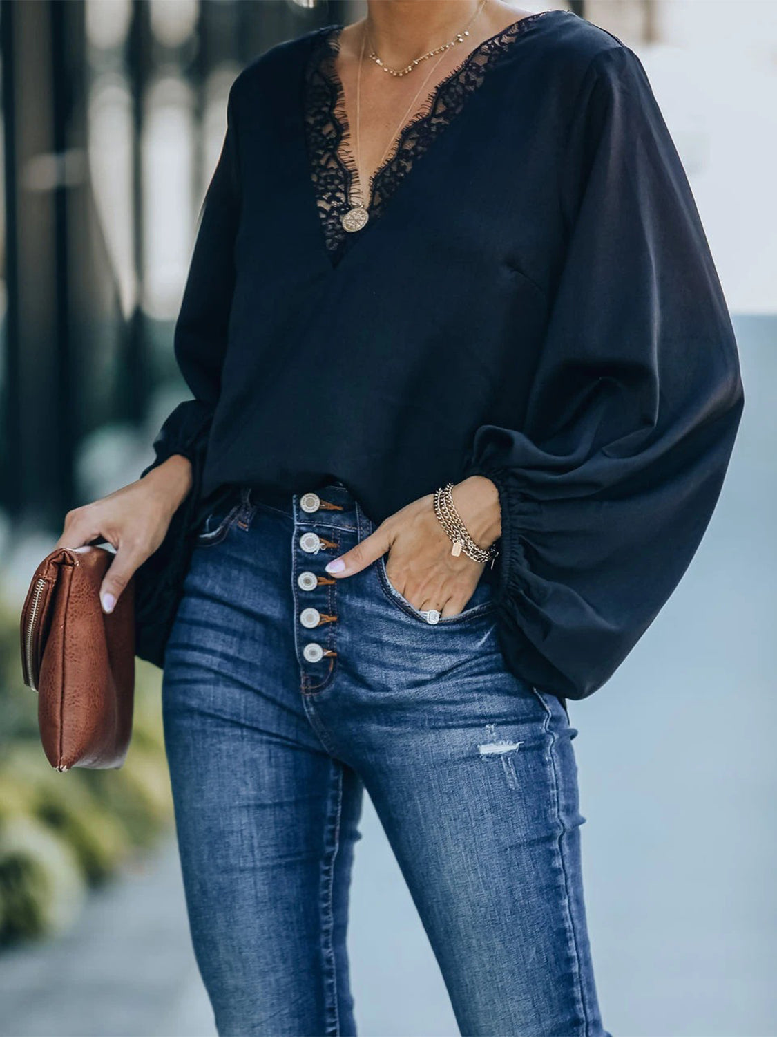 Lace Detail V-Neck Long Sleeve Blouse - The Goddess Galleries