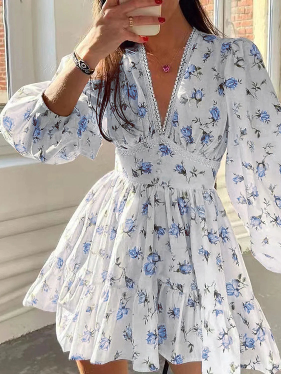 Lace Detail V-Neck Balloon Sleeve Dress - The Goddess Galleries