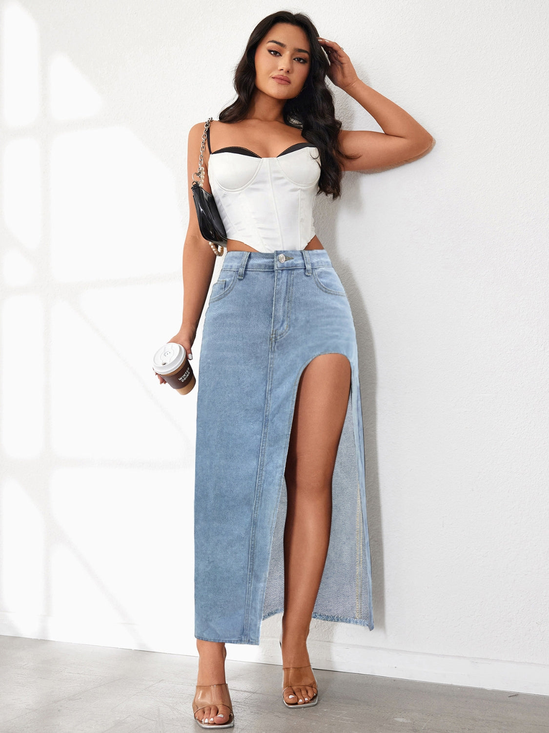 High Rise Slit Denim Skirt - The Goddess Galleries