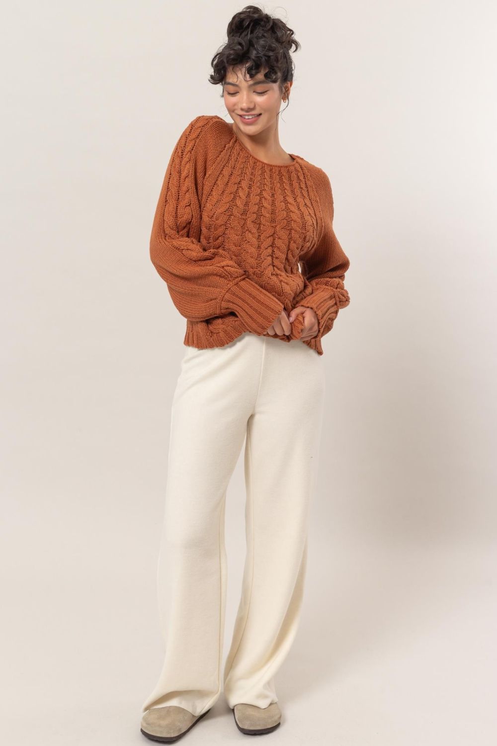 HYFVE Cable-Knit Round Neck Raglan Sleeve Sweater - The Goddess Galleries