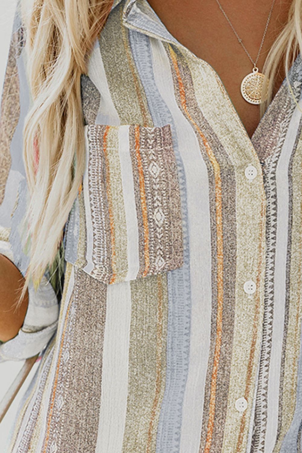 Striped Collared Neck Long Sleeve Shirt - The Goddess Galleries