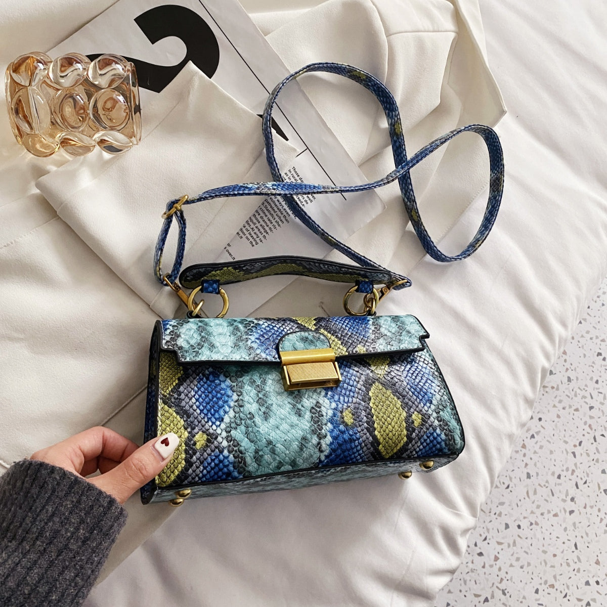 PU Leather Snakeskin Print Crossbody Bag - The Goddess Galleries
