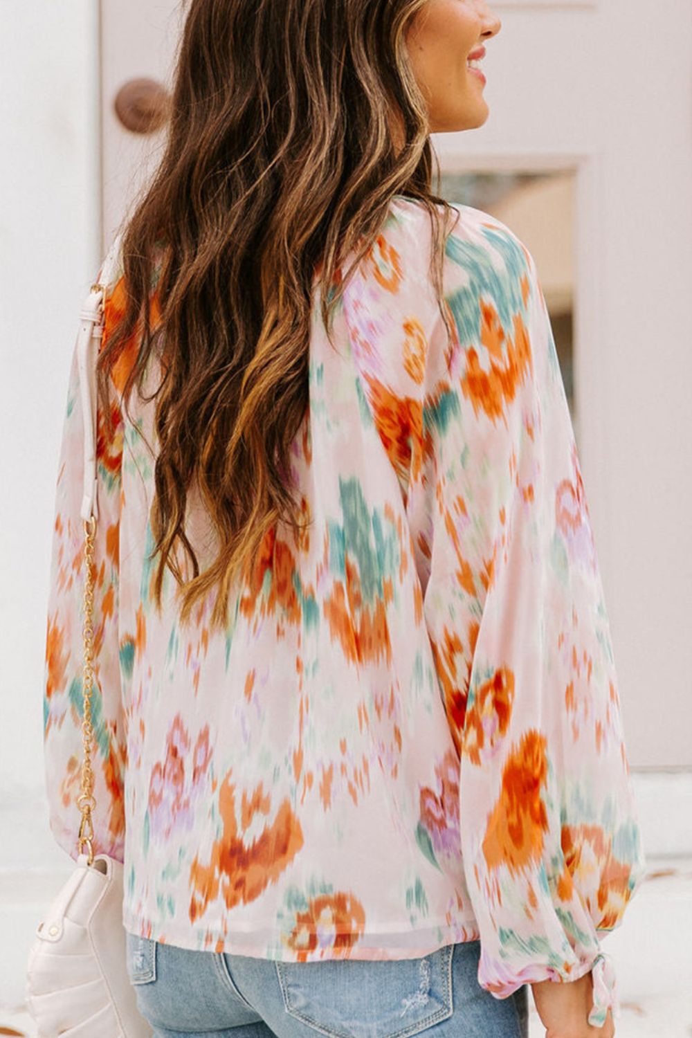 Printed Tie Neck Long Sleeve Blouse - The Goddess Galleries