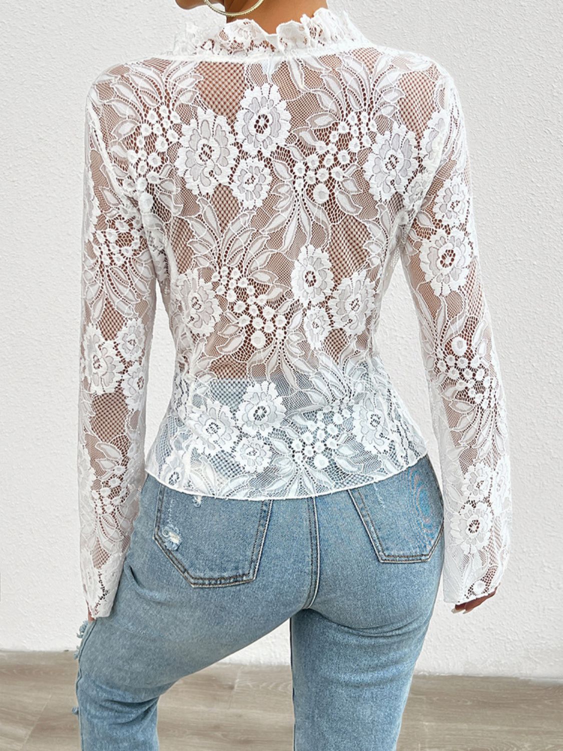 Tied V-Neck Long Sleeve Lace Top - The Goddess Galleries