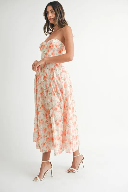 MABLE Sweetheart Neckline Floral Printed Midi Dress - The Goddess Galleries
