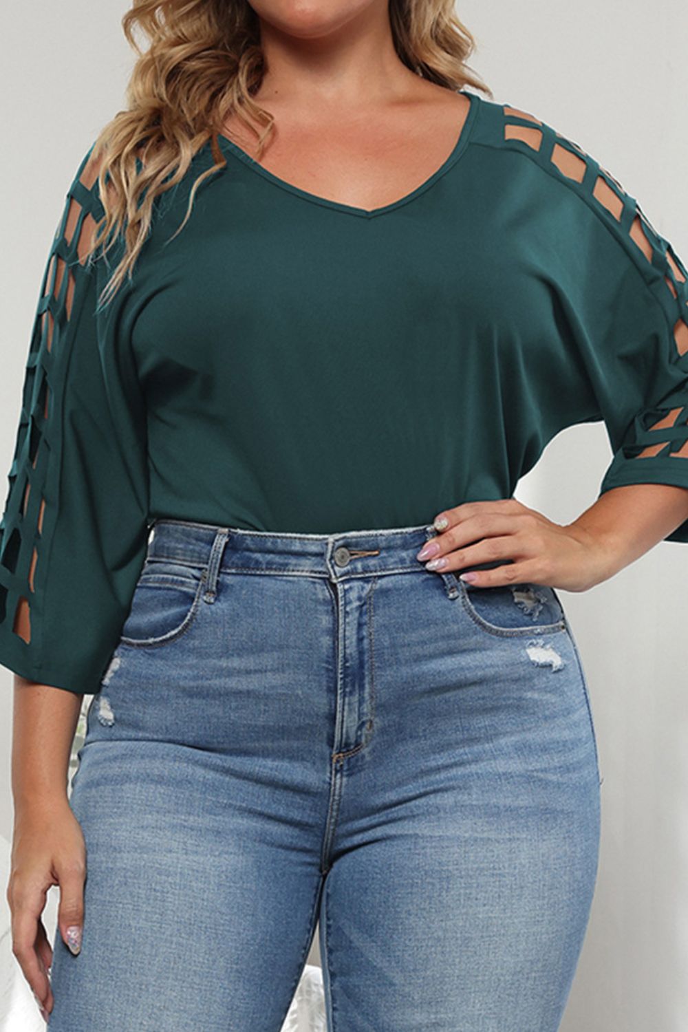 Plus Size Cutout Three-Quarter Sleeve Blouse - The Goddess Galleries