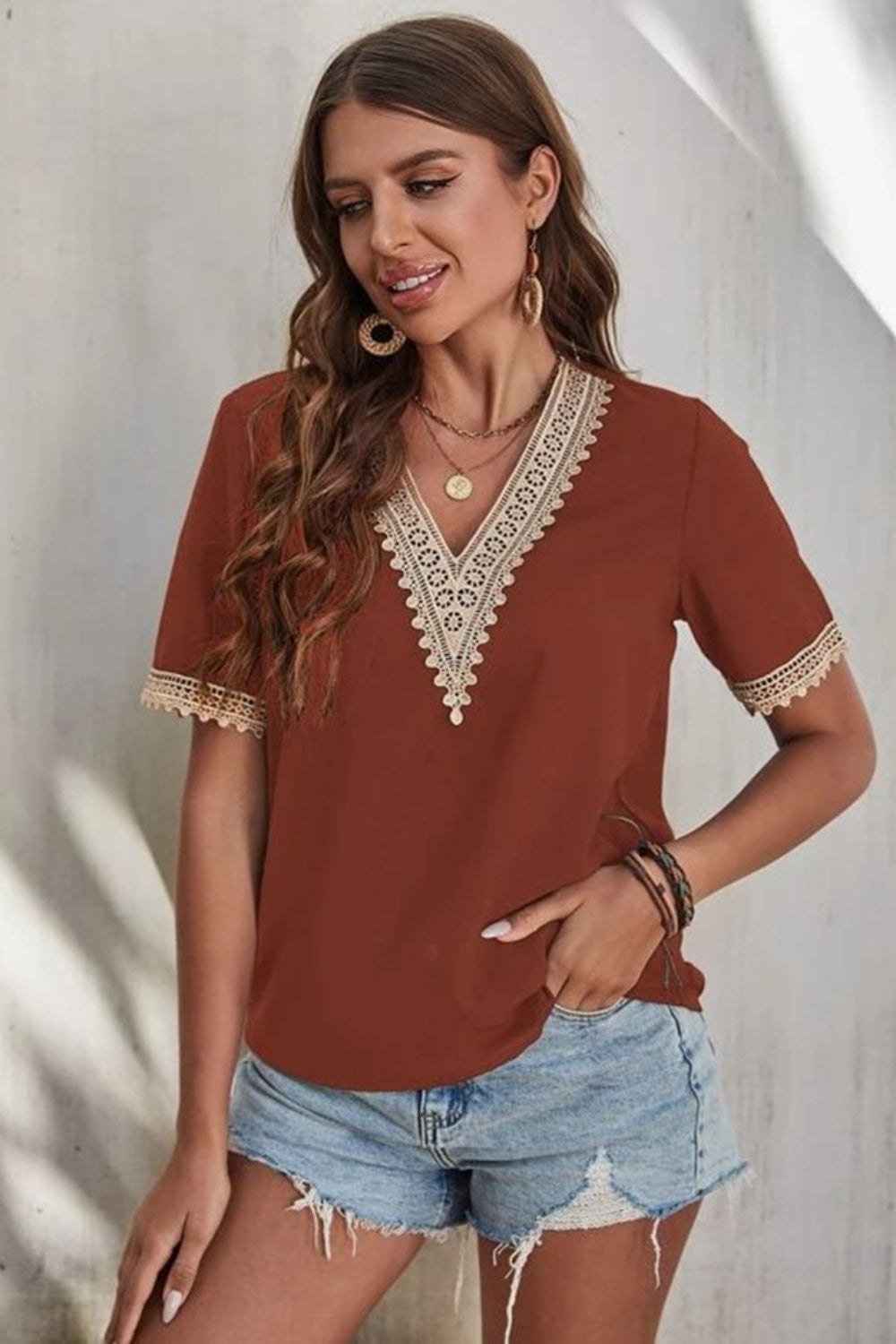 Full Size Lace Detail V-Neck Short Sleeve Blouse - The Goddess Galleries