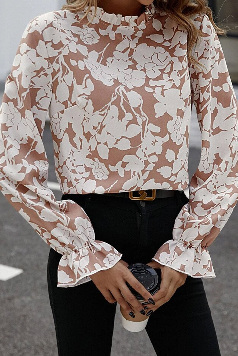 Floral Print Mock Neck Flounce Sleeve Blouse - The Goddess Galleries