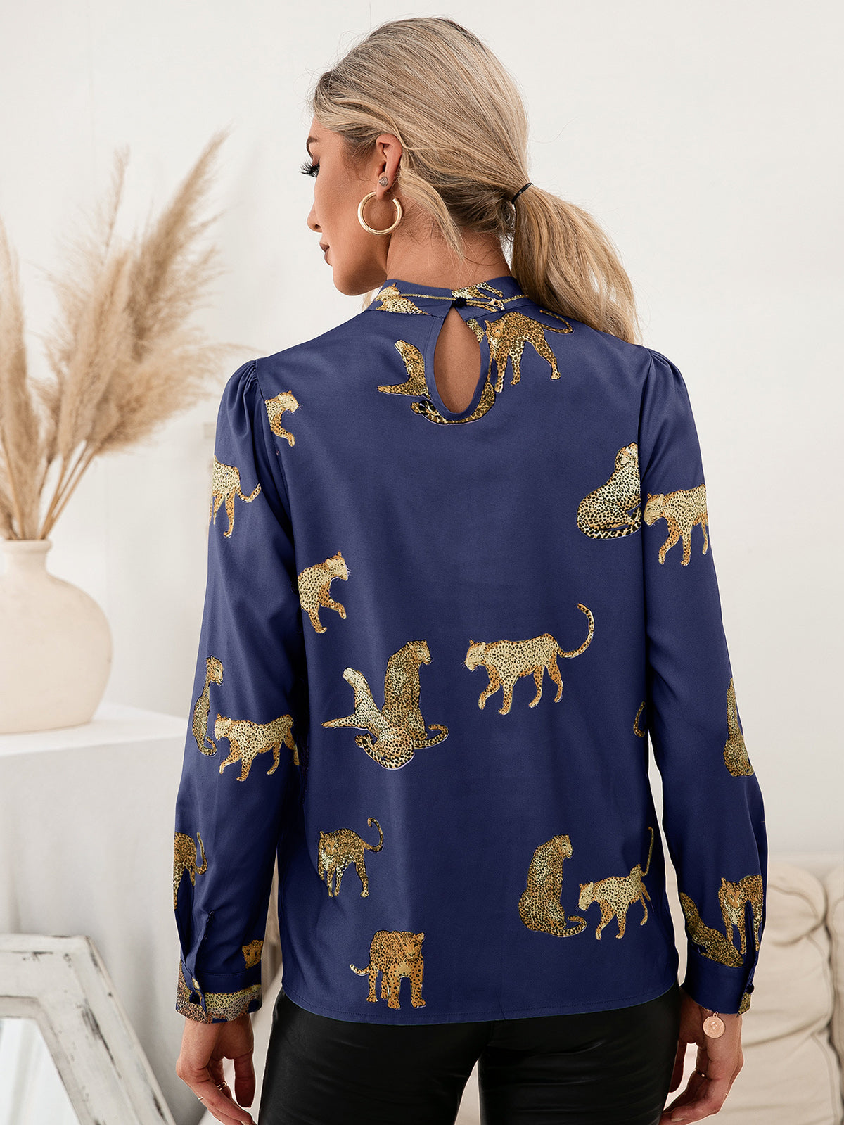Ivy Lane Leopard Graphic Mock Neck Puff Sleeve Blouse - The Goddess Galleries