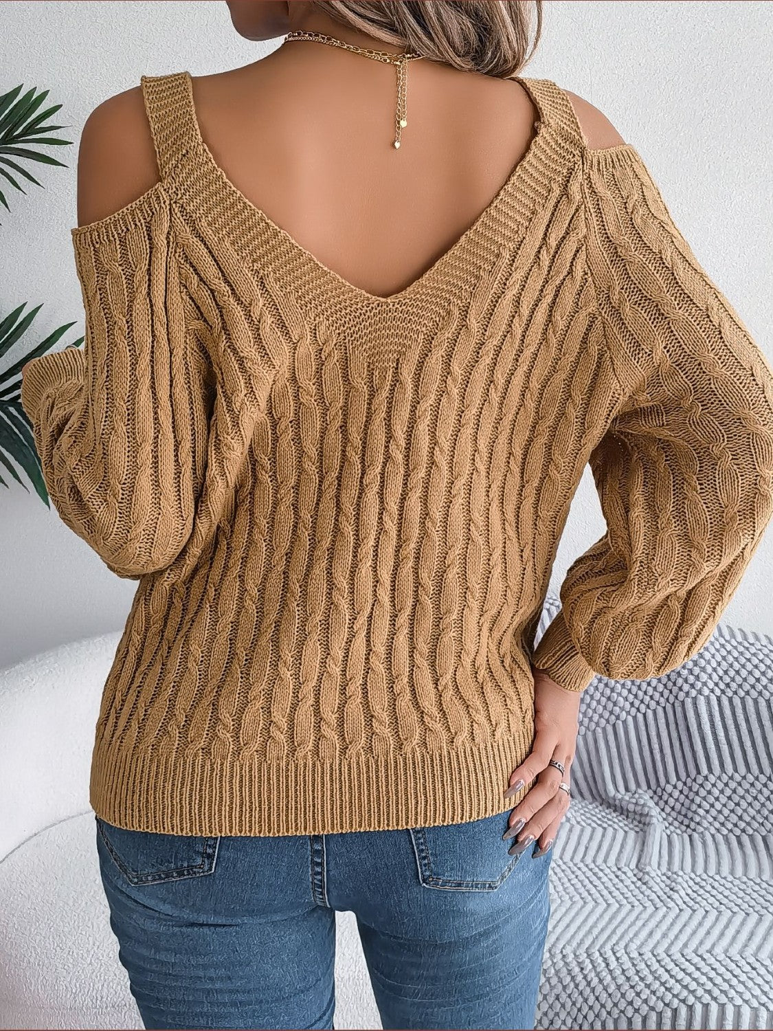 Cable-Knit Cold Shoulder Long Sleeve Sweater - The Goddess Galleries
