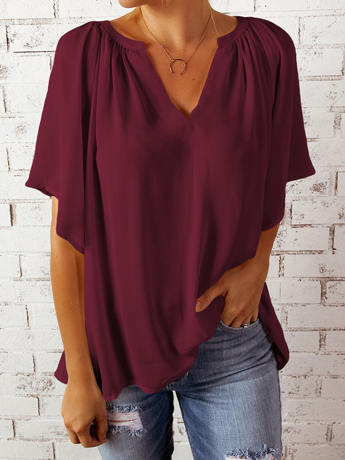 Ruched Notched Half Sleeve Blouse - The Goddess Galleries